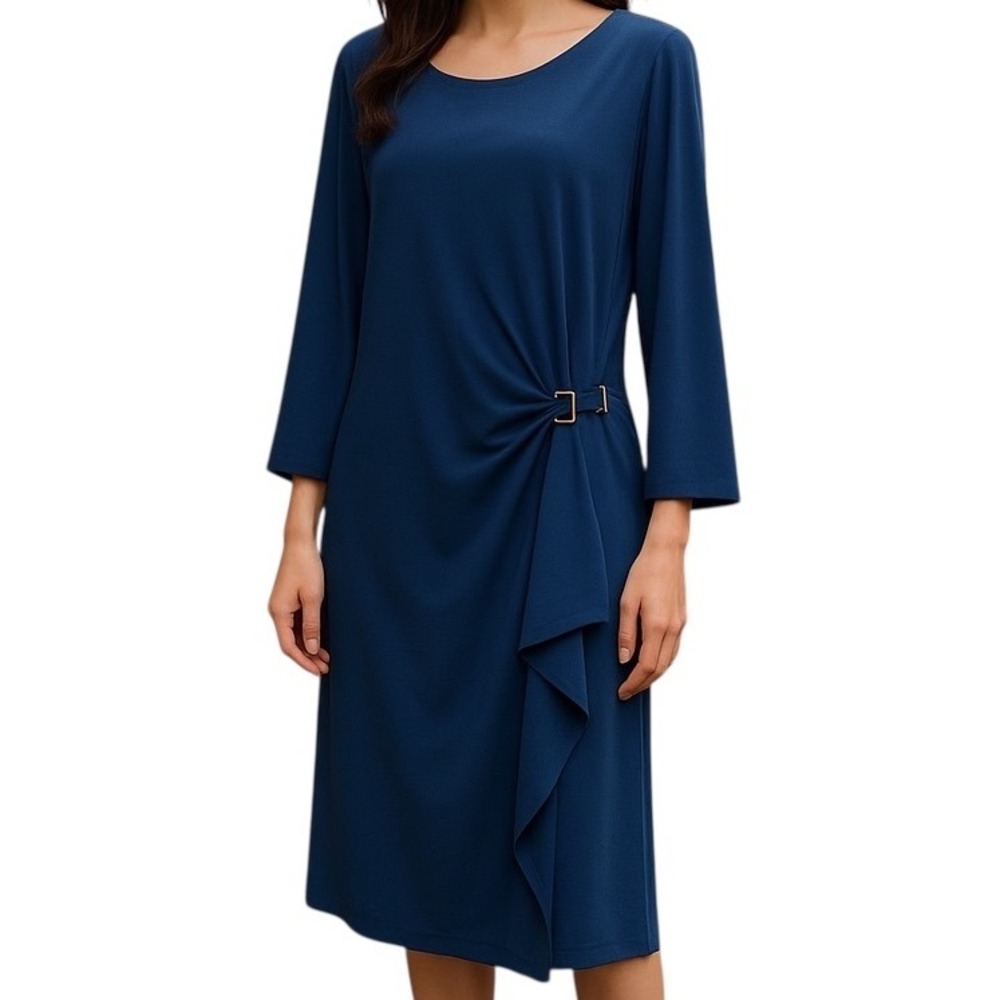 White House Black Market Drape Evening Dress Blue Gold Tone Long Sleeve Sz XL